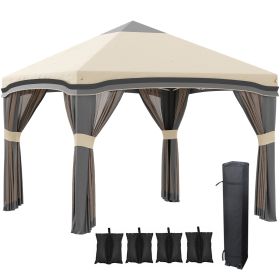 Outsunny 10x10 Pop Up Canopy, Netting, Foldable, Height Adjustable, Wheeled Carry Bag, 4 Sand Bags, Beige