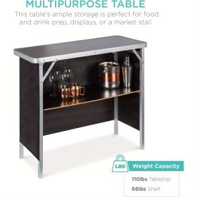 Folding Portable Bar Table with Carrying Case, Storage Shelf, and Black Skirt, 38.39" x 15.16" x 34.25", Ideal for Indoor, Outdoor, Party, Picnic